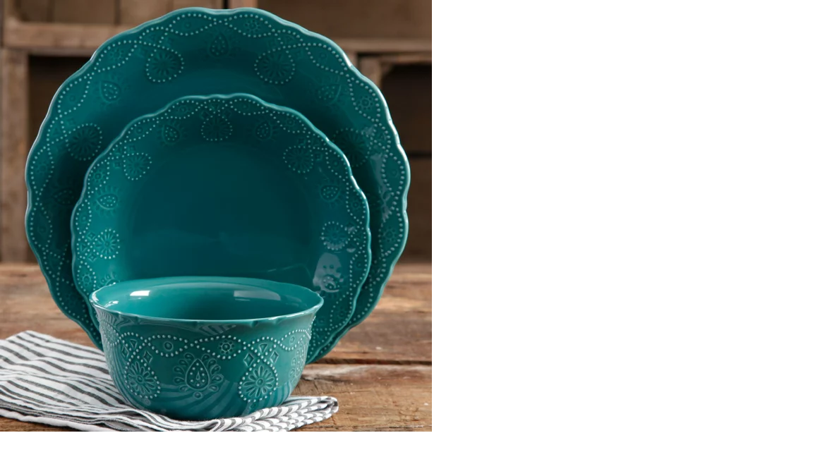 The Pioneer Woman Cowgirl Lace 12Piece Dinnerware Set, Teal BargainLow