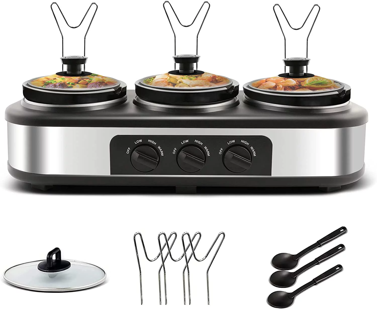 Triple Slow Cooker with 3 Spoons, 3 Pot 1.5 Quart Oval Crock Food