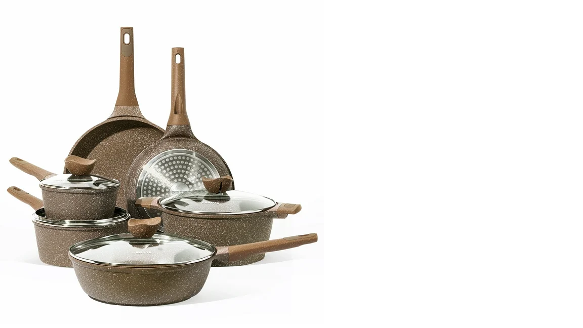 Carote Nonstick Granite Cookware Sets, 10 Pcs Brown Granite Pots and
